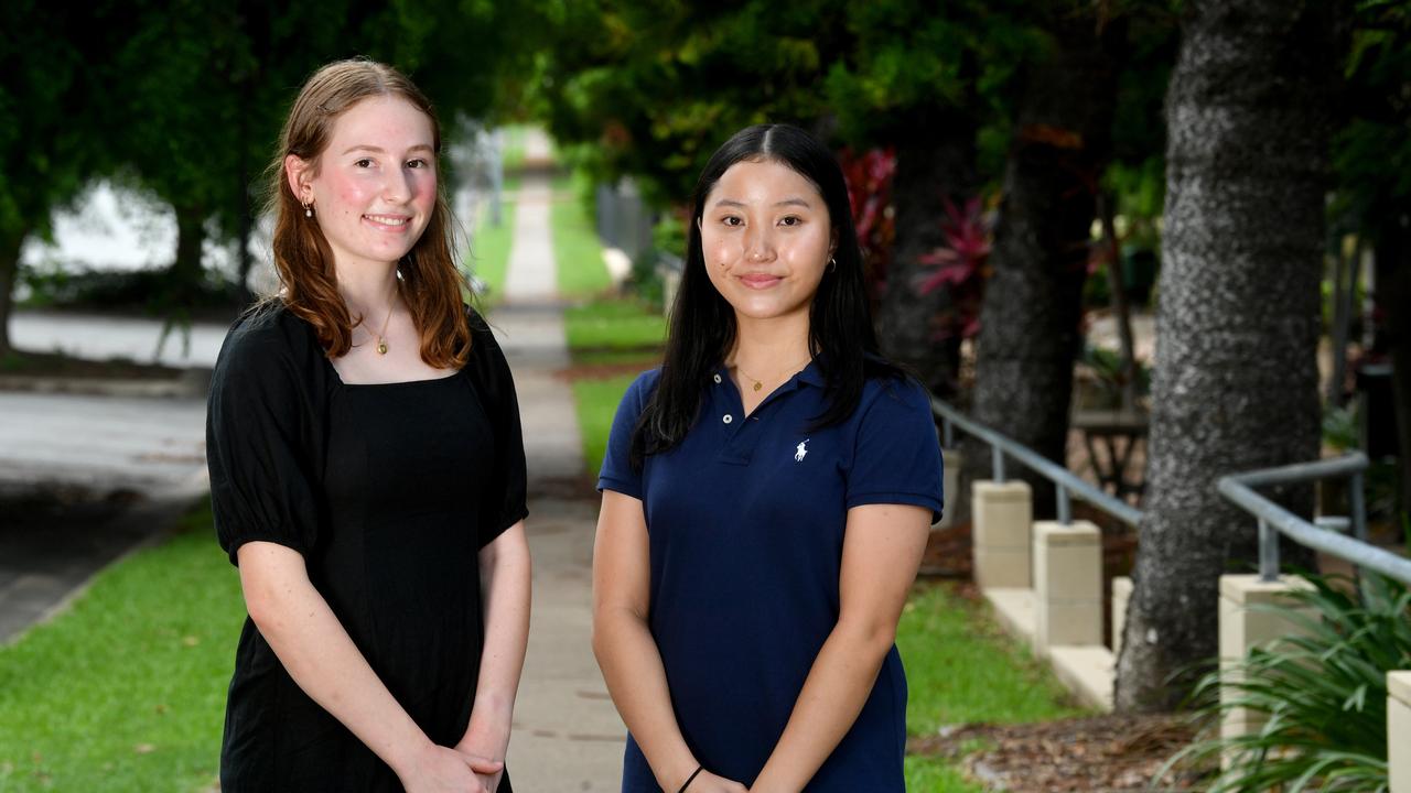 Townsville Grammar students Alyssa Curtis and Charlotte, (along with Madhava Vyas) who received an ATAR score of 99.90. Picture: Evan Morgan