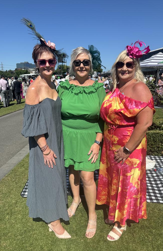 Jo Patton, Jackie Finnie and Leanne Cameron at the Melbourne Cup at Flemington Racecourse on November 5, 2024. Picture: Phillippa Butt