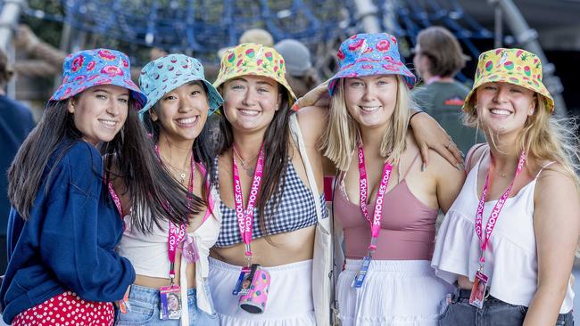 Mia Clarke, 18, Jessica Xu, 17, Chloe McCormack, Gemma Rowland-King, 17, and Laura Verdasco, 17 in Surfers Paradise for Schoolies last year. Picture: Jerad Williams