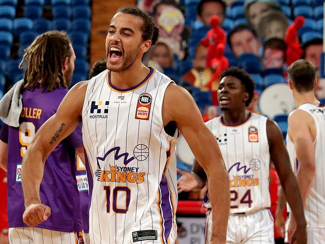 Xavier Cooks of the Kings celebrates at half time during Game 2 of the NBL Finals match between the Perth Wildcats and Sydney Kings at Perth Arena in Perth, Friday, March 13, 2020. (AAP Image/Richard Wainwright) NO ARCHIVING, EDITORIAL USE ONLY