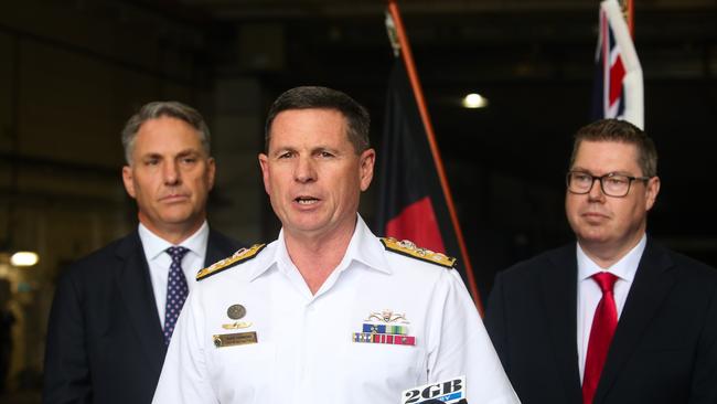 Chief of Navy, Vice Admiral Hammond, Deputy Prime Minister Richard Marles and Minister for Defence Industry Pat Conroy, during the historic announcement of the expansion of the surface combatant fleet. Picture: NCA NewsWire / Gaye Gerard