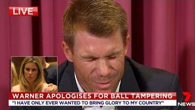 David Warner broke down as he finally broke his silence about the cheating scandal that has rocked Australian cricket. Picture: 7 News.