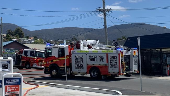 Fire crews at the scene of a fire at Jayco Hobart, Main Rd Moonah. Photo: Mireille Merlet