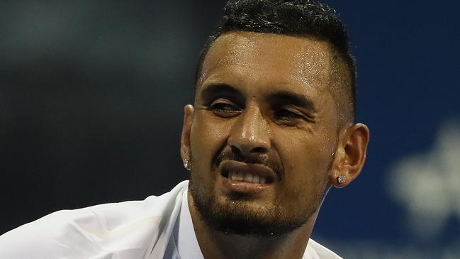 Nick Kyrgios has been booed off court after withdrawing with a hip injury. Picture: AFP