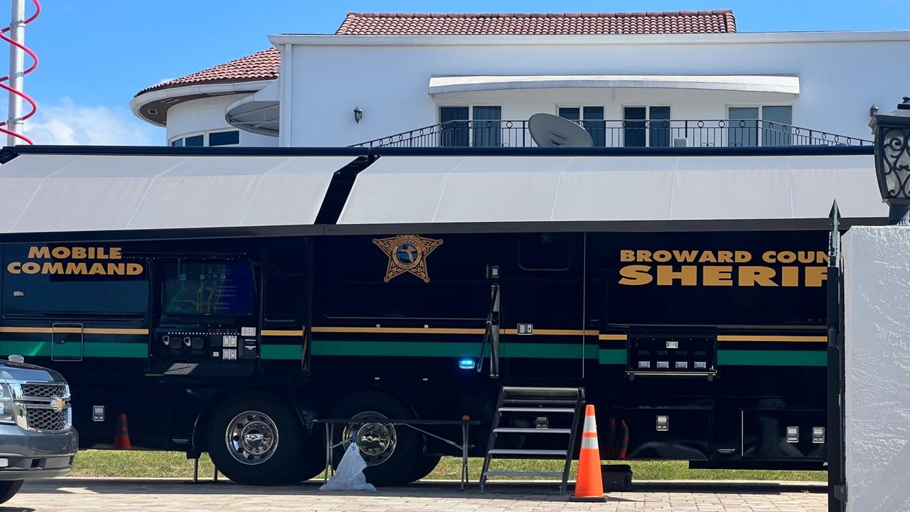 A police truck set up outside the home. Picture: BACKGRID