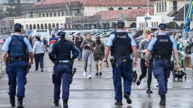 Police on patrol at Bondi Beach amid the Sydney lockdown. Picture: NCA NewsWire / Flavio Brancaleone