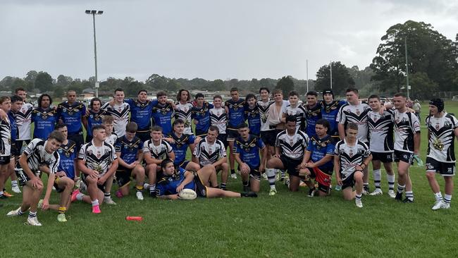 The combined Ourimbah-Berkeley Vale under-19s team (in black and white) ahead of the 2024 season. Photo: supplied