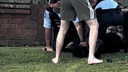 Brendon James Brooks was tackled to the ground outside the Morpeth church after allegedly telling police he had a knife. Picture: Supplied.