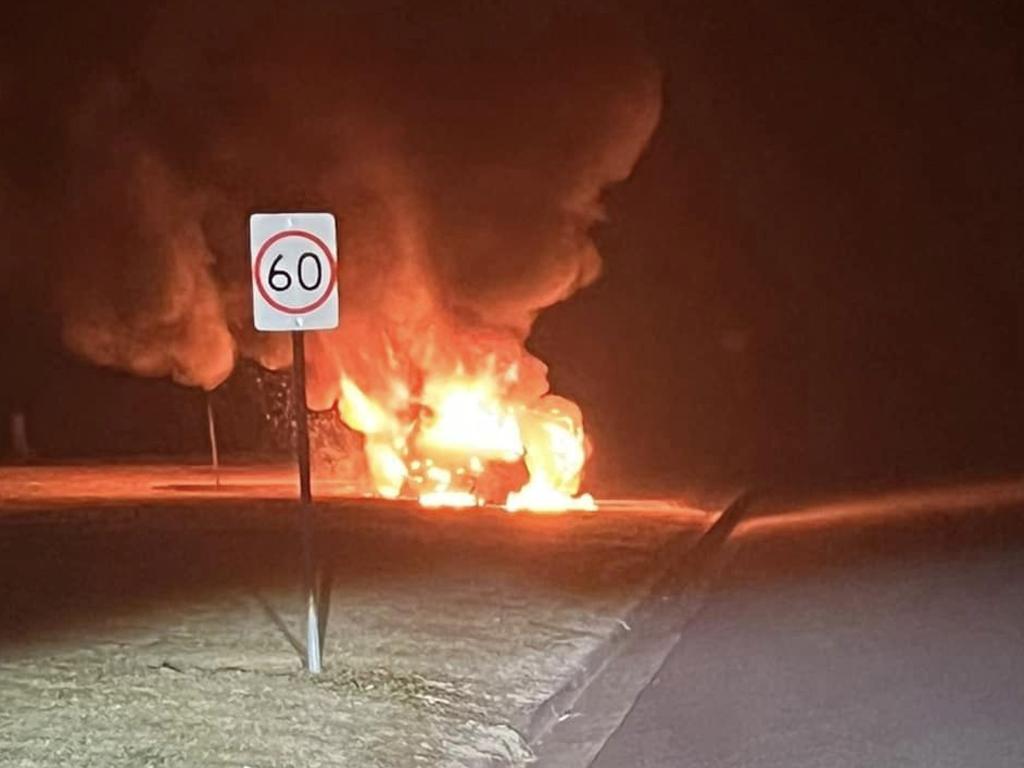 An abandoned vehicle left alongside Woodlands Rd in Gatton was found set alight on Thursday evening. Photo: Amy Donaldson