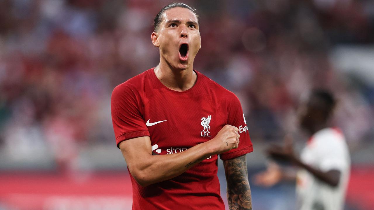 Liverpool's Uruguayan forward Darwin Nunez celebrates scoring his team's fifth goal during the friendly football match between German first division Bundesliga club RB Leipzig and Liverpool FC in Leipzig, eastern Germany, on July 21, 2022. (Photo by Ronny HARTMANN / AFP)