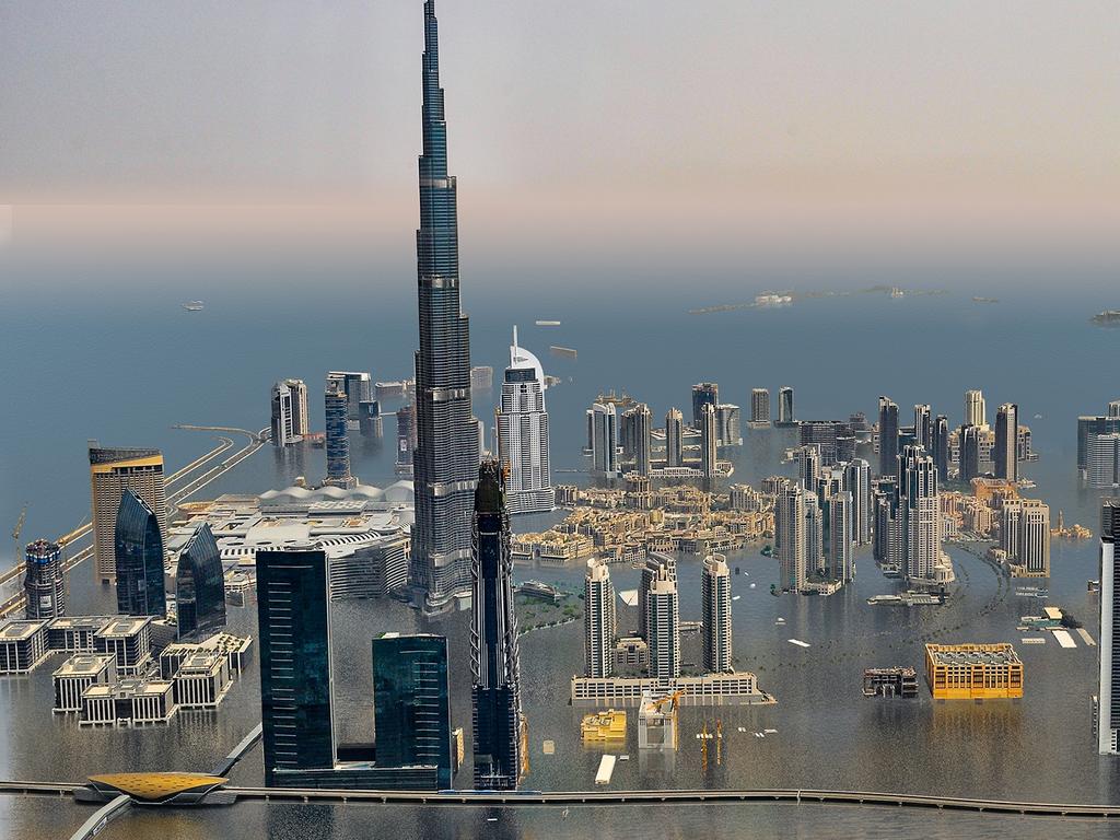 Burj Khalifa, Dubai, UAE, under the most extreme simulations of sea level rise, according to Climate Central. Picture: Supplied