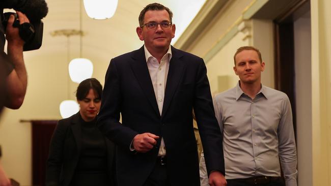 Andrews pictured ahead of the Labor caucus meeting, which was described as an ocean of profanity. Picture: Getty