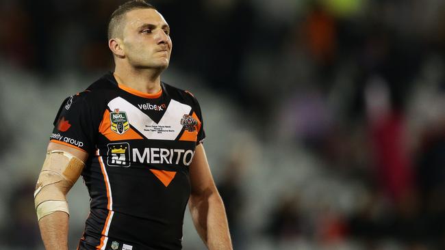 Tigers Robbie Farah looks on after the Tigers loss in the Wests Tigers v Melbourne Storm rugby league game at Campbelltown Stadium, Sydney. Pic Brett Costello