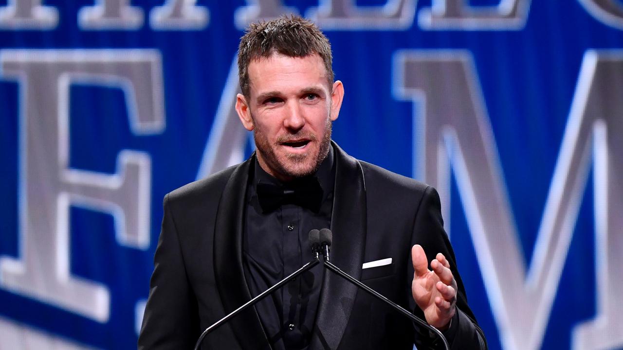 MELBOURNE, AUSTRALIA - JUNE 18: Dane Swan, AFL Hall of Fame Inductee addresses the room during the Australian Football Hall of Fame at Centrepiece on June 18, 2024 in Melbourne, Australia. (Photo by Josh Chadwick/AFL Photos/via Getty Images)