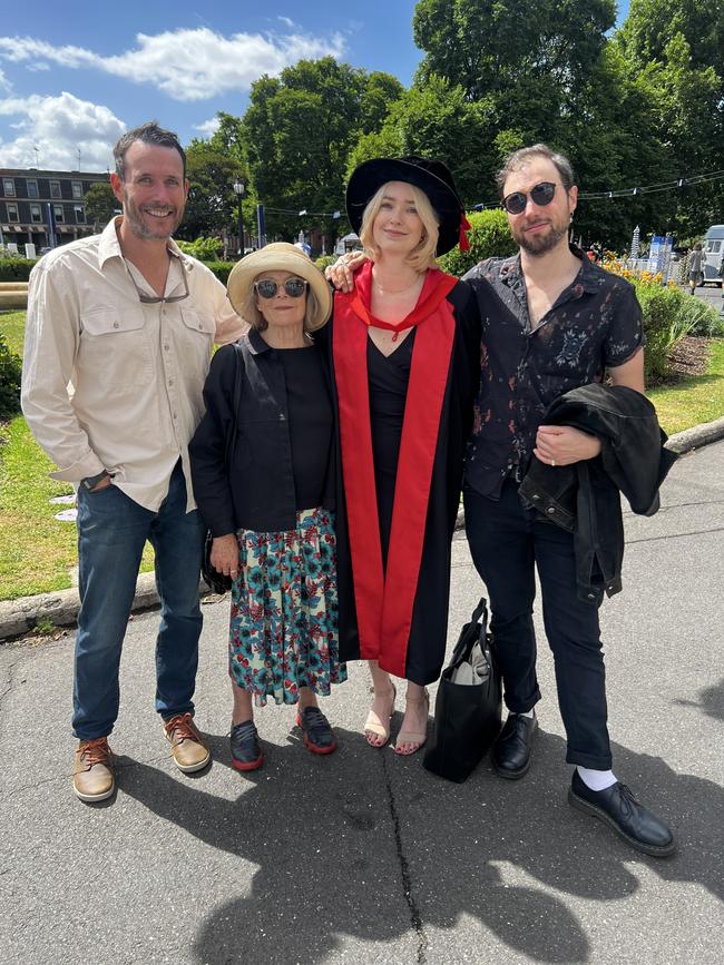 James Michie, Hilary McPhee (proud grandmother), Dr Sophie Freeman (PhD in Engineering and Information Technology) and Jesse Pattinson at the University of Melbourne graduations held at the Royal Exhibition Building on Tuesday, December 17, 2024. Picture: Jack Colantuono