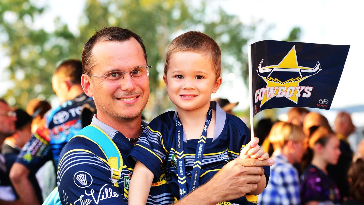 Socials from the North Queensland Cowboys v Parramatta Eels NRL game from 1300 Smiles Stadium. Paul Dandbek with son Leo 3. Picture: Zak Simmonds