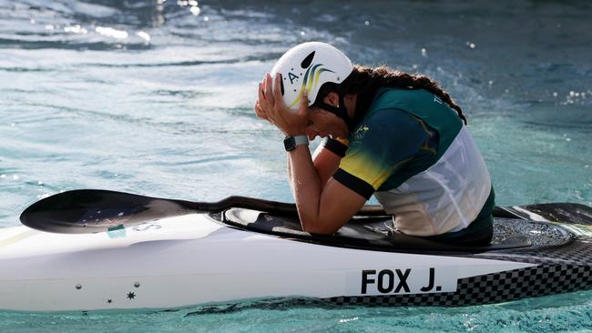 Jessica Fox reacts after her run in the women's kayak slalom final at the Tokyo 2020 Olympic Games.