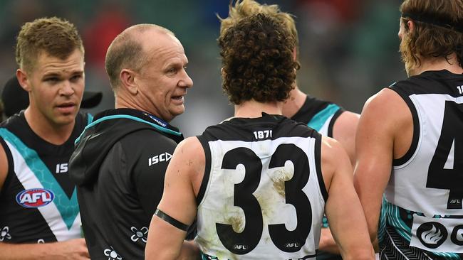 Port coach Ken Hinkley tries to rally his troops against Hawthorn in Launceston. Picture: AAP Image/Julian Smith