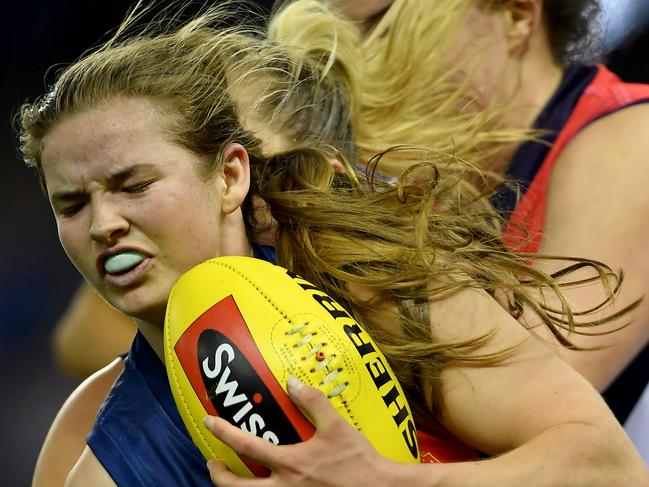 Katie Brennan tackles Reni Hicks during the Darebin Falcons v Diamond Creek VFL Women's Grand Final at Etihad Stadium in Docklands, Sunday, Sept. 24, 2017. (Picture/Andy Brownbill