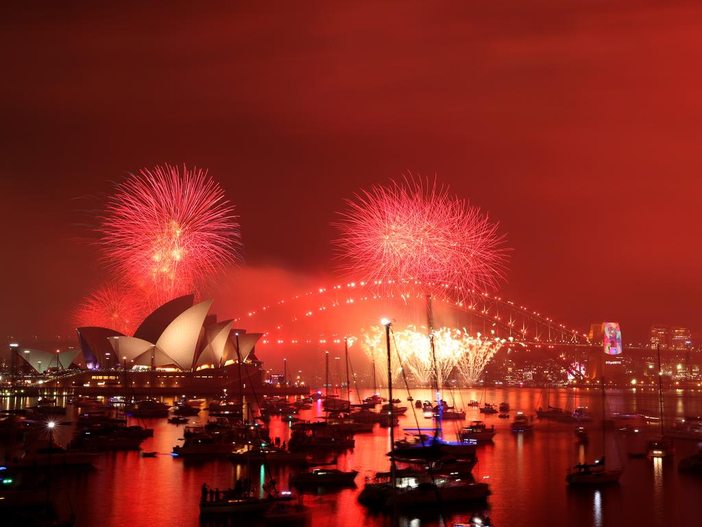 New Year's Eve 9pm fireworks over Sydney Harbour as seen from Mrs Macquarie's Chair. Picture: Jonathan Ng