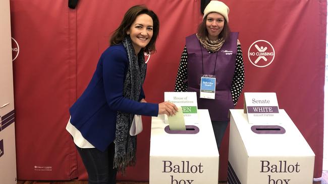 Georgina Downer voting at Stirling East Primary School on Election Day 2019. Picture: Ashleigh Pisani