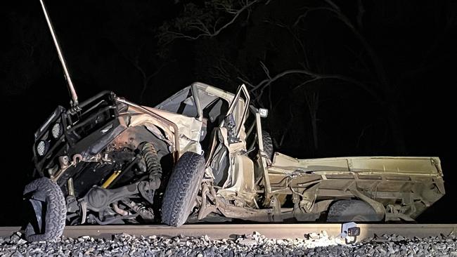 A man has died and another man is critically injured following a crash between a Toyota LandCruiser and an Aurizon coal train on Peter Delemothe Rd, west of Bowen, on July 11. Picture: Heidi Petith and Estelle Sanchez