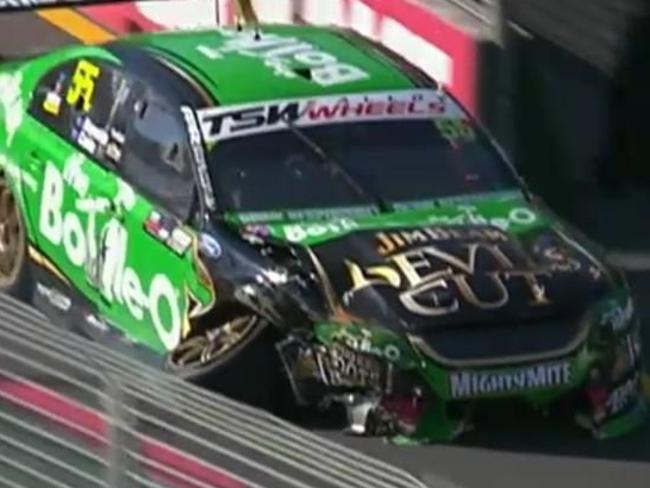 David Reynolds car sustains huge damage taking him off the track for the rest of the day. Pic: V8 Supercars