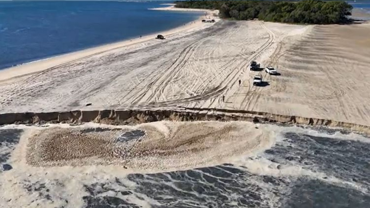 A land slip at Inskip Point today, June 3, was captured by rangers on drone footage.