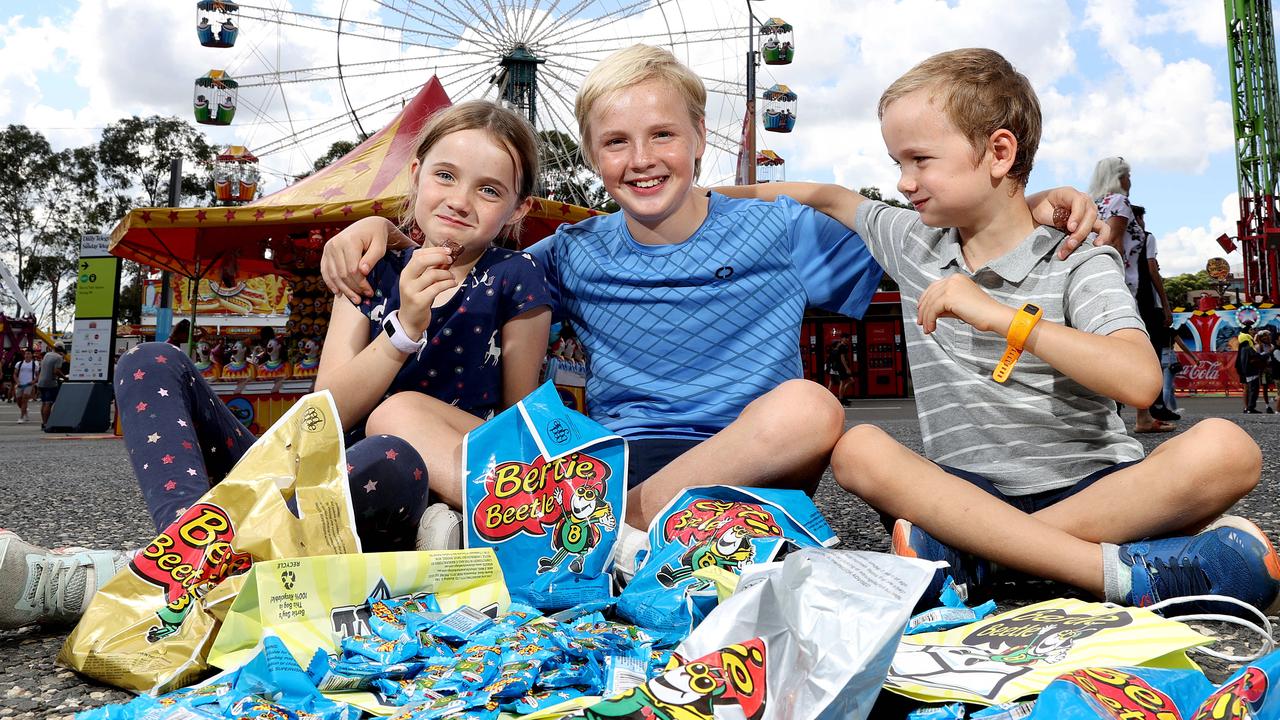 Charlotte, Billy and Theo tried Bertie Beetles for the first time. Picture: NCA NewsWire / Dylan Coker