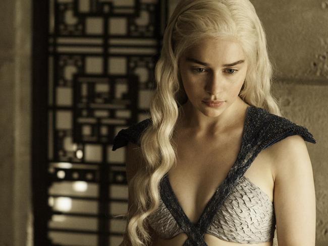 In this image released by HBO, Daenerys Targaryen, portrayed by Emilia Clarke, appears in a scene from season four of "Game of Thrones." The season five premiere airs on Sunday. (AP Photo/HBO, Helen Sloan)