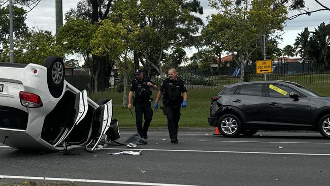 Car rolls on to roof in Coombabah crash. Picture: Supplied