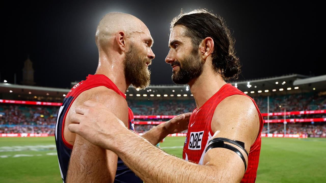 SYDNEY, AUSTRALIA - MARCH 07: Max Gawn of the Demons and Brodie Grundy of the Swans embrace during the 2024 AFL Opening Round match between the Sydney Swans and the Melbourne Demons at the Sydney Cricket Ground on March 07, 2024 in Sydney, Australia. (Photo by Michael Willson/AFL Photos via Getty Images)