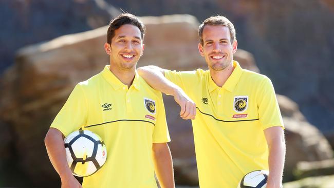 Central Coast Mariners new recruits Tom Hiariej and Wout Brama (AAP Image/Sue Graham)