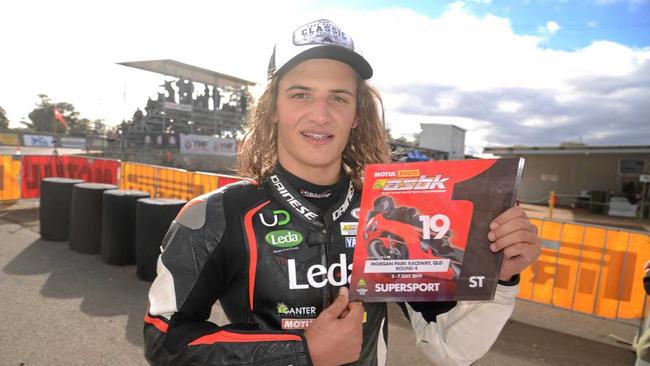 Tom Toparis after winning both races in supersport at the Australian Superbike Championships at Morgan Park Raceway. Picture: Gerard Walsh