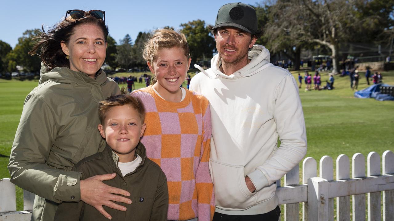 Carissa and Nathan Dewar with kids Archer and Emilia support Downlands on Grammar Downlands Day at Toowoomba Grammar School, Saturday, August 19, 2023. Picture: Kevin Farmer