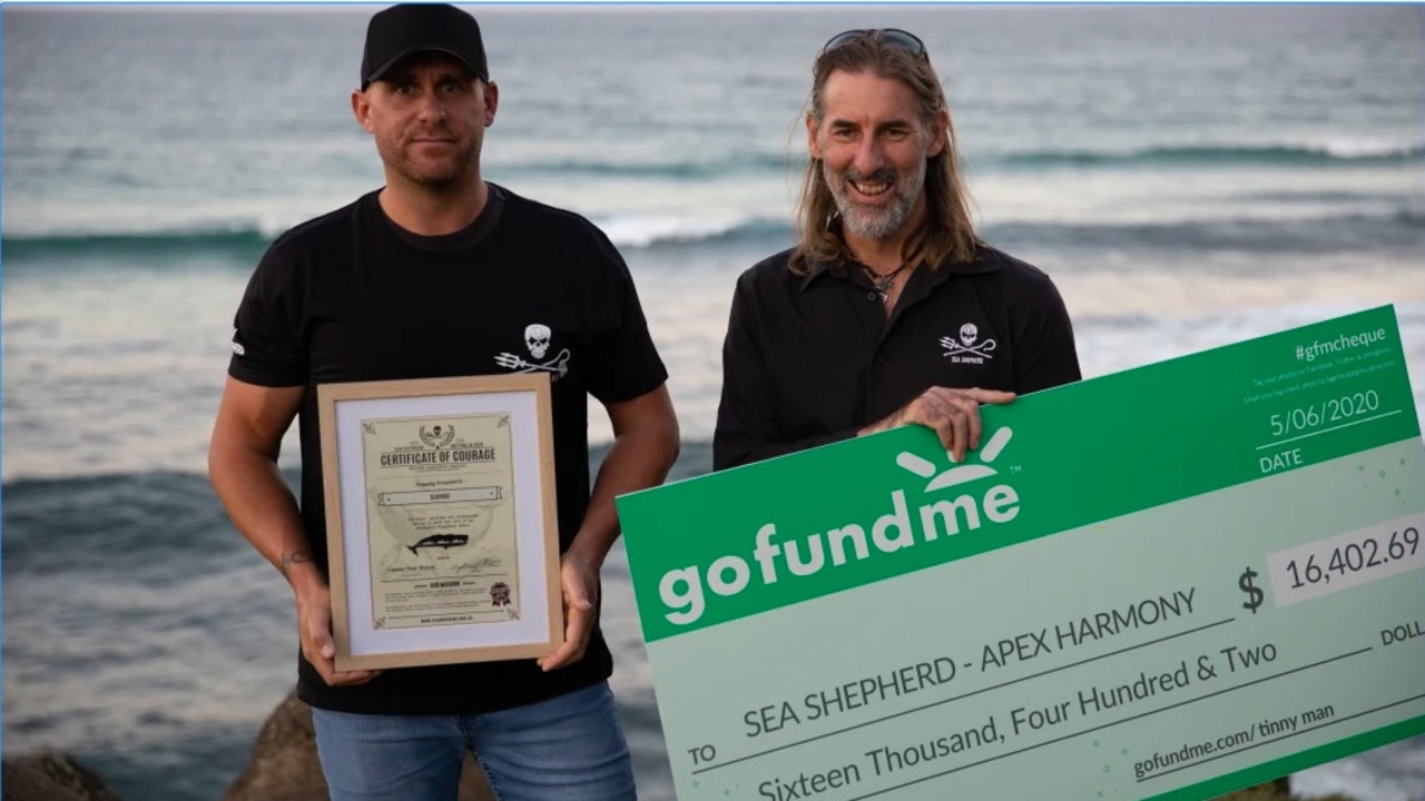 Django Hopkins (left) donated the GoFundMe money to Sea Shepherd yesterday.