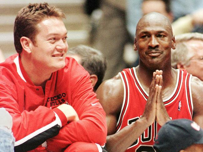 APRIL 29, 1998 : Chicago Bulls' Luc Longley (L) & Michael Jordan celebrate in East Rutherford 29/04/98 following victory over New Jersey Nets in first round of NBL playoffs.Basketball