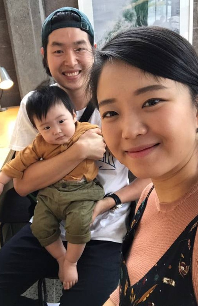 Michael and Leena Son with baby Elim, whose in-flight bassinet fell with him inside onto his mother's foot, fracturing her ankle. Picture: Supplied/New Zealand Herald.