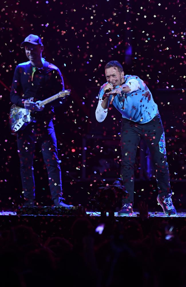 Chris Martin of Coldplay performs with The Chainsmokers on stage at The BRIT Awards 2017 at The O2 Arena on February 22, 2017 in London, England. Picture: Getty