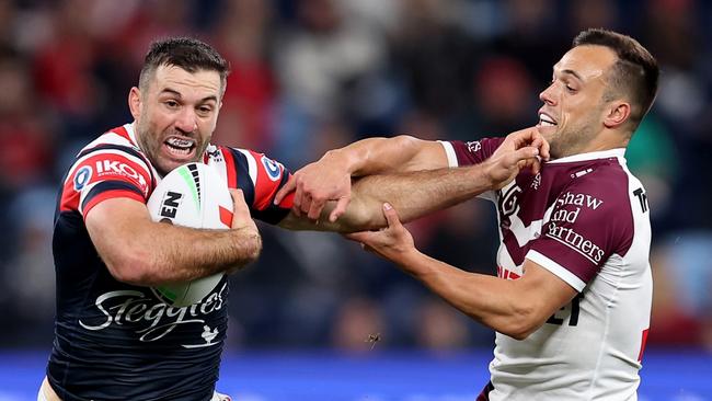 SYDNEY, AUSTRALIA - JULY 27: James Tedesco of the Roosters runs the ball during the round 21 NRL match between Sydney Roosters and Manly Sea Eagles at Allianz Stadium, on July 27, 2024, in Sydney, Australia. (Photo by Brendon Thorne/Getty Images)