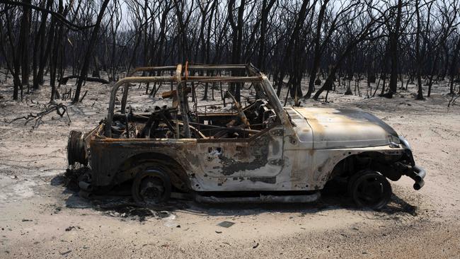 The aftermath at Kangaroo Island Wilderness Retreat on south coast Road, Flinders Chase, after fire ripped through the Flinders Chase National Park on Friday. Picture: Emma Brasier