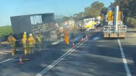 A truck carting beer caught alight at Cobdogla about 5.30pm Tuesday, October 29, 2024. Picture: Supplied