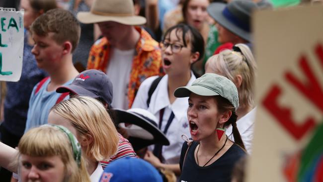 School student activists march down George St in Brisbane’s CBD earlier this year. File picture