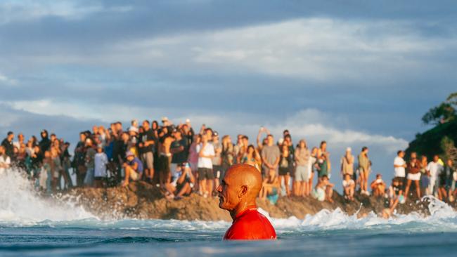 Eleven-time world champion Kelly Slater in the Bonsoy Gold Coast Pro “world champions” heat on Saturday. Picture: Andrew Shield/World Surf League