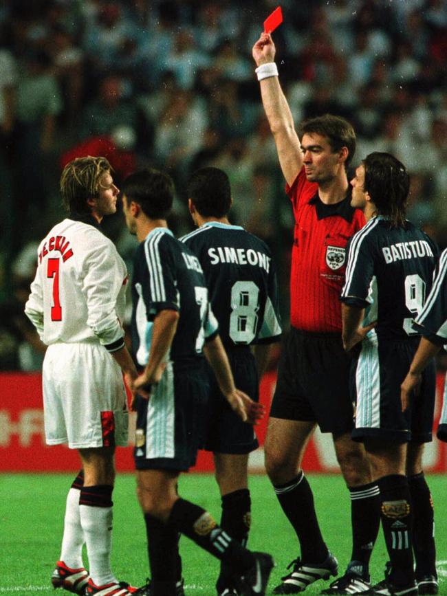 David Beckham was sent off against Argentina during the 1998 World Cup.