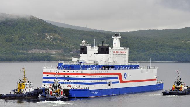 The world’s first floating power station Akademik Lomonosov is towed from the Arctic port of Murmansk. Picture: Rosatom via AFP.