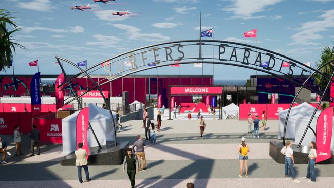 Artist impression of the Pacific Airshow, which will be held over Surfers Paradise beach on the Gold Coast in August 2023