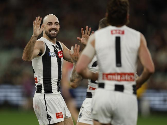 Steele Sidebottom enjoys an early goal for the Pies. Picture: Michael Klein