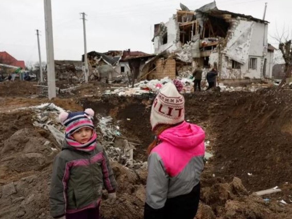 The aftermath of a Russian missile strike was evident in the town of Hlevakha, outside Kyiv. Picture: Reuters