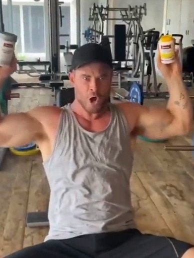 Chris Hemsworth worked out in the air conditioned basement gym of his home. Picture: Instagram